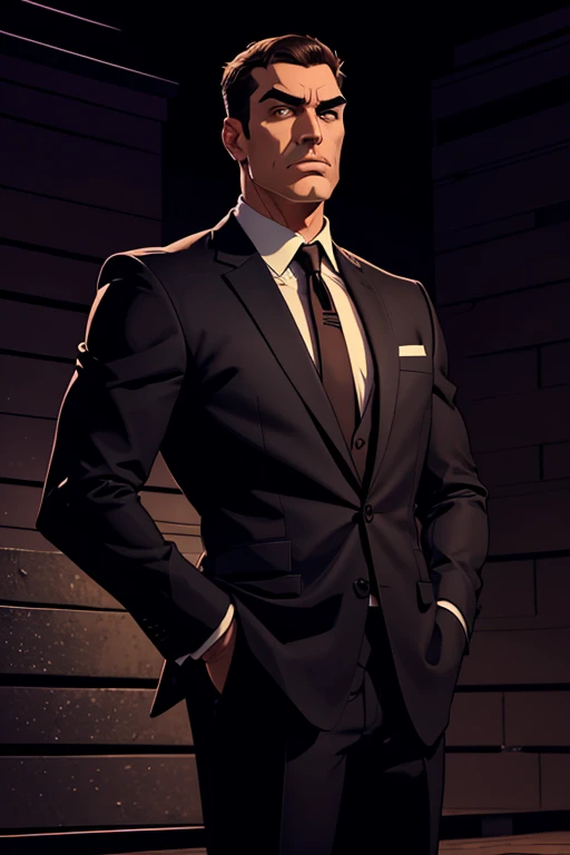 1 male, adult, mature, tall guy, broad shoulders, handsome, very short hair, brown eyes, angular jaw, thick neck, thick eyebrows, night, dark, (basement background:1.3), formal suit, necktie, standing, hands on hips, 