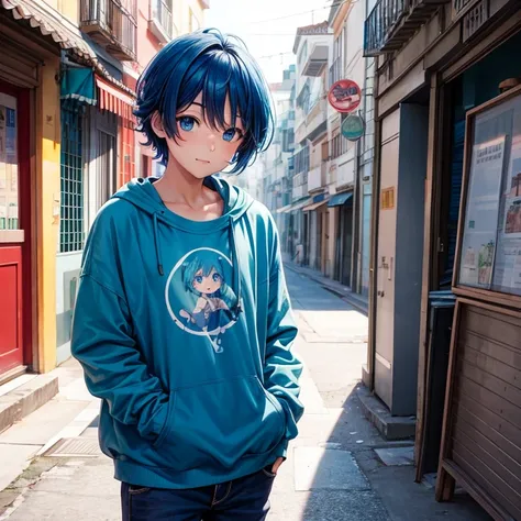 (Mejor calidad:0.8) perfect anime illustration, una bonita, Hombre feliz con cabello azul corto y rizado en la calle de la ciudad, usando una sudadera color celeste con capucha