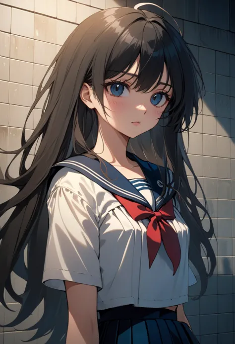 solo，upper body，a woman，(extremely detailed face and eyes)，messy long hair，sailor suit and pleated skirt，bare neck，standing，tile...