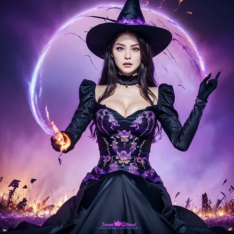 ((highest quality, masterpiece, super A high resolution、the most complex and detailed depiction)), ((One Beautiful Witch、perfect witch、evil dark wizard、sitting、creepy and beautiful costumes、delicate face、small face、purple lips、eye shadow、witch hat、very int...