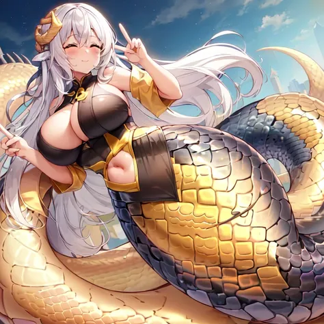 ((1girl)), ((lamia)), ((yellow scales)), tail, black jersey, gigantic breasts, white hair, brown eyes, full body, 8k, highres, best quality, 4k, ((standing)), ((solo)), ((peace sign)), (((facing viewer))), closed eyes, rooftop, 