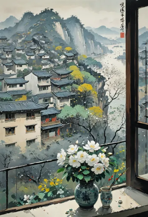 The View Outside the Window, by Wu Guanzhong, (masterpiece, best quality, perfect composition, very aesthetic, absurdres, ultra-detailed, intricate details, Professional, official art, Representative work:1.3)