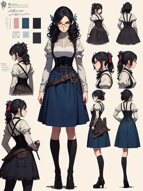 ((masterpiece)),(((best quality))),(character design sheet, same character, front, side, back), elven woman, glasses, black hair, curly hair, ponytail, bows, lace, corset, bright blue, blue long skirt, long skirt, satchels, pouches on waist, harness, tool ...