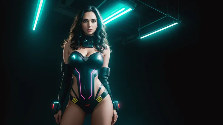 there is GAL GADOT standing, long hair, 3 d neon art of a womans body, neon-noir background, cyberpunk femme fatale, seductive cyberpunk dark fantasy, cyberpunk strip clubs, cyberpunk 20 y. o model girl, oppai cyberpunk, banner, high definition cgsociety, ...