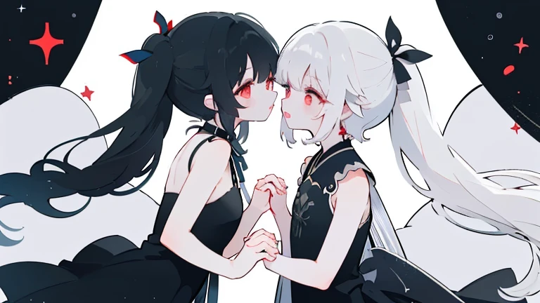 2 people、A good friend、girl、Girls Love、face to face、white hair、Long half pigtails、long hair、red eyes、red eyes、black dress、black ribbon、angelic beauty、beautiful、black hair、not tied、long hair、blue eyes、white dress、white ribbon、Flawless、Flawless手、hold hands、2...