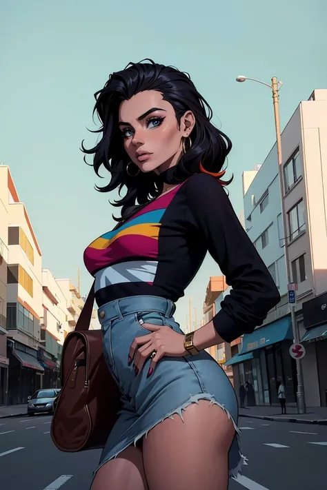 (anime de los 80), hembra madura,alto, cuerpo sexy, (NSFW:0.8), escote, ojos detallados & rostro,Estilos de cabello, hermoso vestido, urban configuration, pared de graffiti, colorido arte callejero, auriculares, Moda street style, postura segura, brillo de...