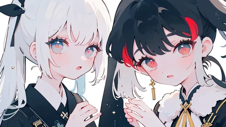 2 people、A good friend、girl、Girls Love、face to face、white hair、Long half pigtails、long hair、red eyes、red eyes、black dress、black ribbon、angelic beauty、beautiful、black hair、not tied、long hair、long hair、blue eyes、white dress、Flawless、Flawless手、hold hands、2 pe...