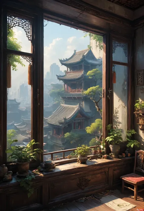 View Outside the Window from inside, by cgsociety and fenghua zhong, (masterpiece, best quality, perfect composition, very aesthetic, absurdres, ultra-detailed, intricate details, Professional, official art, Representative work:1.3)