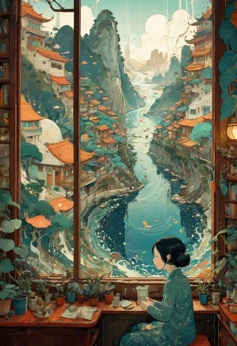 view outside the window from inside, by victo ngai, (masterpiece, best quality, perfect composition, very aesthetic, absurdres, ...