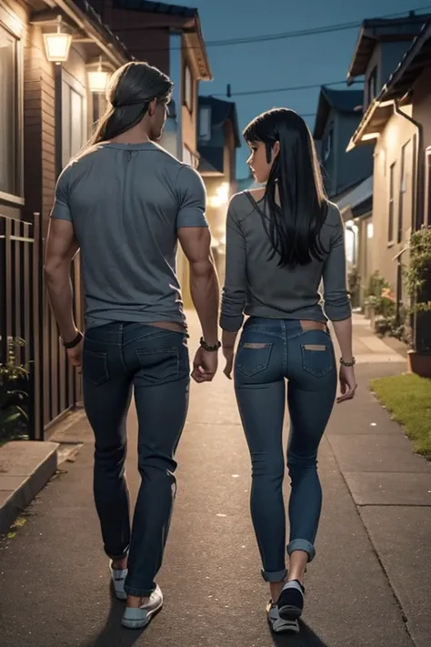 summer night,  a long hair GIRL wearing blue denim jeans, grey top, and  muscular BOY wearing grey cargo  ,walking between houses and talking in the night, back view 