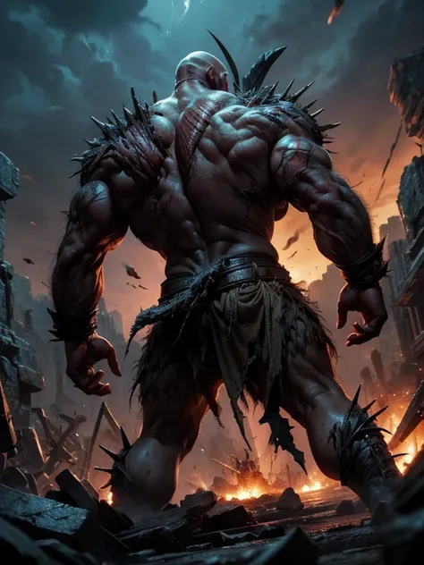 brutalis the violator
massive 8 feet tall muscled bald mutated semi-orc-troglodyte like human with cracked desiccated skin
he has a few large organic spike protrusions made of his desiccated skin on his arms and back, ready for battle to crush his prey