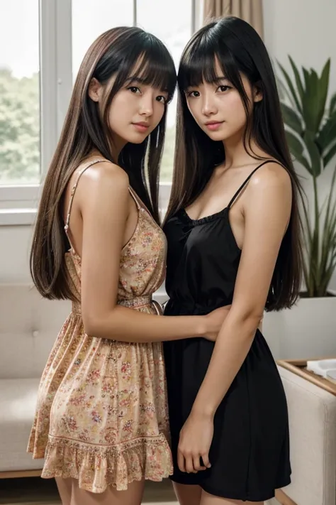 2 girl, 18 years old,  couple focus ,  group of 2 girls,  dutch japanese mixed girl ,  ,  Upper body,  sexy Minimalist sundress showing clevage , long hair, curtain bangs, black hair , (high color saturation:1.0),  (highly detailed skin), (highest quality:...