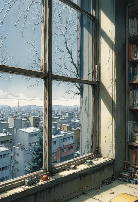 View Outside the Window from inside, by Naoki Urasawa, (masterpiece, best quality, perfect composition, very aesthetic, absurdres, ultra-detailed, intricate details, Professional, official art, Representative work:1.3)