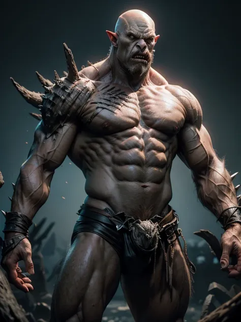 massive 8 feet tall muscled bald hairless mutated semi-orc-troglodyte like human with cracked desiccated skin
he has a few large...