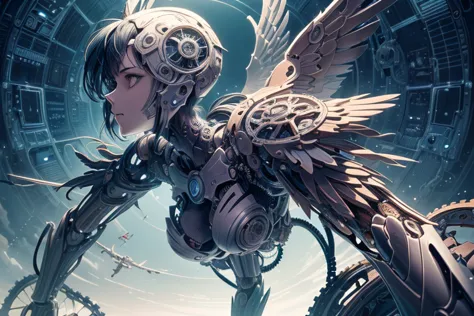 ((mechanical angel)), (machine-made:1.6), mechanical wings with gears extended, cables, (devious and beautiful), cinematic light...