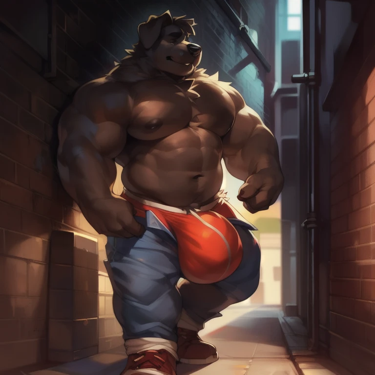 Solo, male, muscular, giant, enormous, buff, strong, massive biceps, massive pecs, canine, big bulge, by darkgem, by mystikfox61, by glitter trap boy, alleyway, newfoundland, newfoundland dog he’s pants began to rip