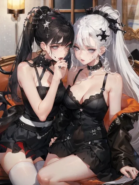 Two women kisasterpiece, best quality, high quality, ultra detailed, 1girl, looking at viewer, white hair, gray eyes, black lipstick, black shirt, sitting on a white floor, demon girl, gothcore, 1 7 - year - old, goth girl, japanese gothic, gothic punk sty...