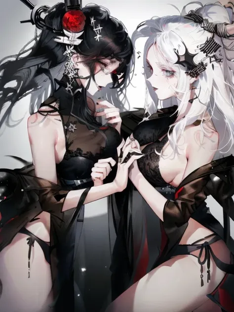 Two women kisasterpiece, best quality, high quality, ultra detailed, 1girl, looking at viewer, white hair, gray eyes, black lipstick, black shirt, sitting on a white floor, demon girl, gothcore, 1 7 - year - old, goth girl, japanese gothic, gothic punk sty...