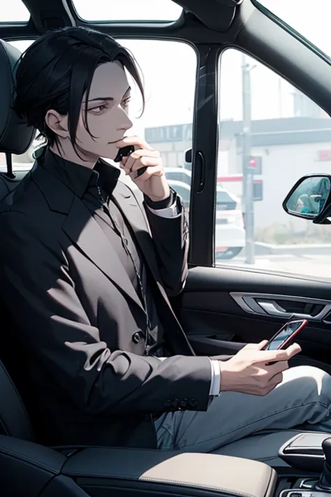 Mephistopheles tapping on a car window with his smartphone