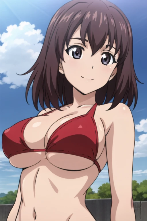 (anime cels style, best quality, high resolution, megami magazine, anime poster style, photorealistic), (beautiful eyes:1.2), kondou_taeko:1.5, Girls und Panzer, 1girl, smile, brown medium hair, brown eyes, red headband, (large breast), (red bikini), upper...