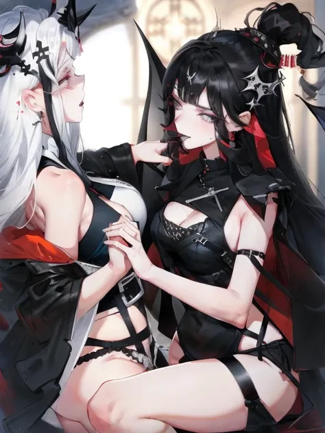 Two women kisasterpiece, best quality, high quality, ultra detailed, 1girl, looking at viewer, white hair, gray eyes, black lipstick, black shirt, sitting on a white floor, demon girl, gothcore, 1 7 - year - old, goth girl, japanese gothic, gothic punk sty...