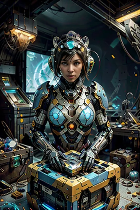 (best quality,4k,8k,highres,masterpiece:1.37), ultra-detailed, (realistic,photorealistic,photo-realistic:1.37), (aerial view), (top down perspective), 1woman, (the foreground is a woman pulling a video game cartridge out of a futuristic artifact box full o...