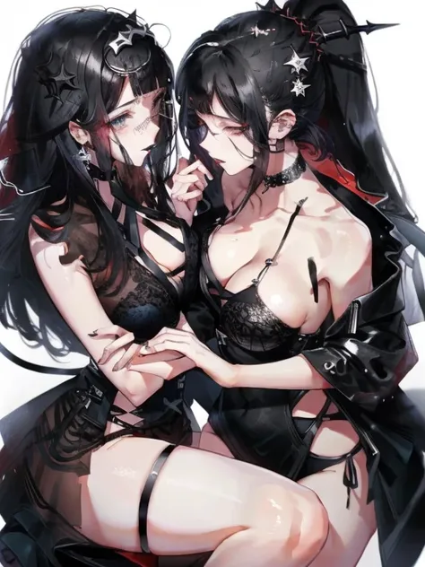 beautiful eyes、Two women kisasterpiece, best quality, high quality, ultra detailed, 1girl, looking at viewer, white hair, gray eyes, black lipstick, black shirt, sitting on a white floor, demon girl, gothcore, 1 7 - year - old, goth girl, japanese gothic, ...