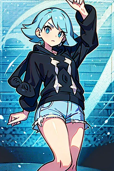 mature woman with short, wavy, light blue hair. wearing a black poncho, black shorts pokemon battle