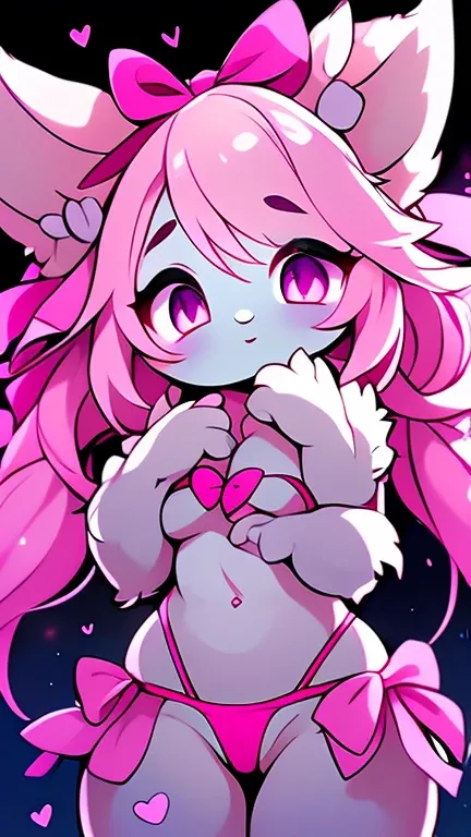 1 girl, anthro fox girl, pastel pink furry skin, pink hair, curvy figure, thick thighs, long pink ribbons on its head, pink heart pupils, skimpy pink bikini, dumb and lewd face, pink heart eyes