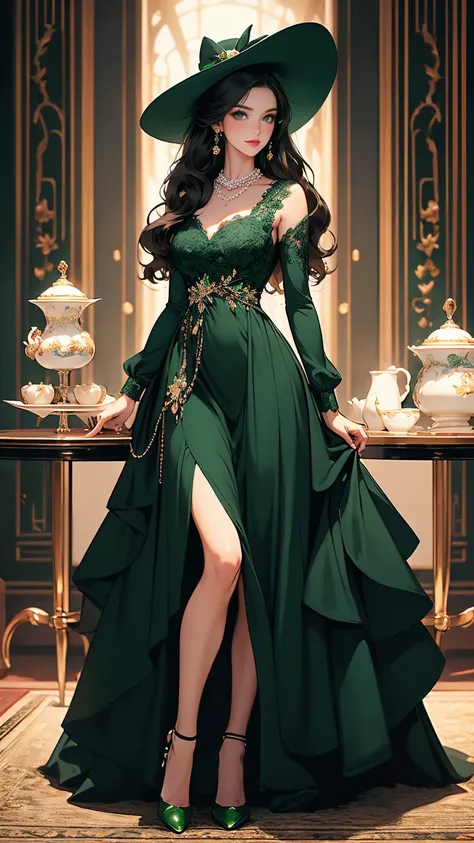 (masterpiece, Best quality, A high resolution, ultra detailed),(beautiful and aesthetically pleasing:1.2), (1 woman), adult, perfect body, wavy black hair, ((green eyes)), detailed eyes and face, (full body),  Elegant Afternoon Tea Attire: Midi dress, Kitt...