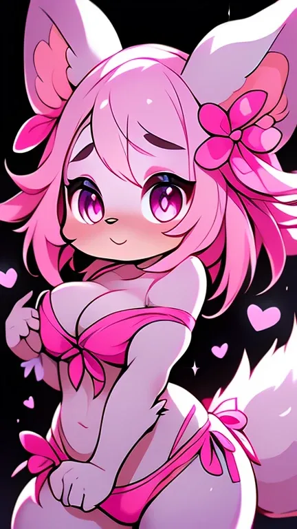 1 girl, anthro fox girl, pastel pink furry skin, pink hair, curvy figure, thick thighs, long pink ribbons on its head, pink heart pupils, skimpy pink bikini, dumb and lewd face, pink heart eyes