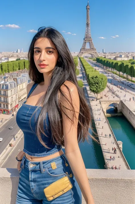 A 30-year-old woman of mixed Indian and Moroccan descent. Standing several tourist places of Paris in the background, very realistic, realistic model art ,influencer, 4K.