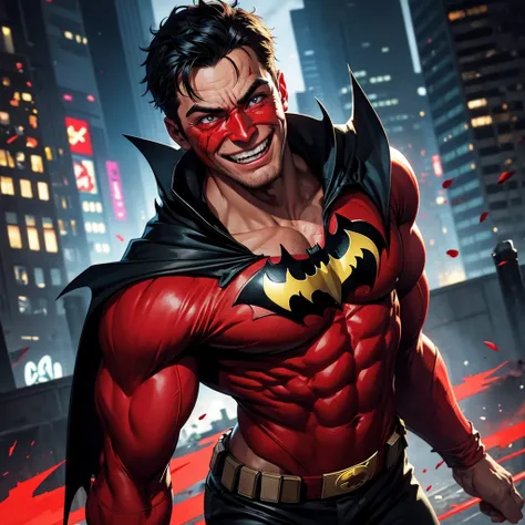 Comic scene,Batman ho laugh,he smile,his eye ITS bright red,his outfit is ripped,he pose,the background is destroyed city,His clothes were stained with blood