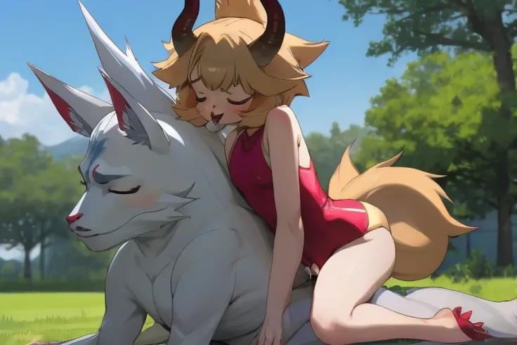 an anime porn scene featuring a girl putting her leg on the shoulder of a dragon, outdoors, grass, half-closed eyes, furry, furr...