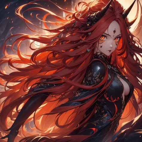 (best quality,4k,highres,masterpiece:1.2),ultra-detailed,realistic:1.37, portraits, (((long flowing red hair))), beautifully fair skin, black outfit, (((piercing orange eyes))), sensual pose, ((subtle black spots, mysterious aura, monochromatic colors)), m...