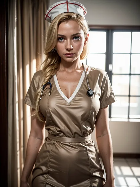 hyperrealism, (photorealistic:1.2), (film grain:1.3), masterpiece, best quality, perfect detail, cinematic lighting, professional photo, realistic photo, raw photo, charming nurse, blonde, fitness figure, medical gown, (nurse uniform:1.3), posing in the ho...