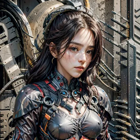 (masterpiece), (best quality), photorealism, realistic, ultra detailed, perfect face, perfect body, 1girl, beautiful girl, girl in red armor, mechanical armor, exoskeleton, stand, cool pose, sexy