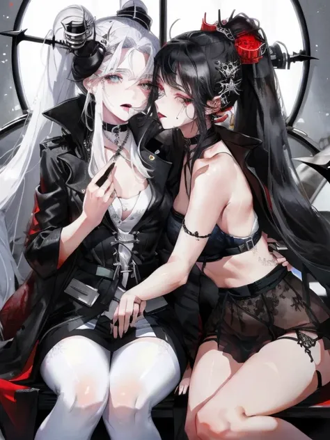 beautiful eyes、Two women kisasterpiece, best quality, high quality, ultra detailed, 1girl, looking at viewer, white hair, gray eyes, black lipstick, black shirt, sitting on a white floor, demon girl, gothcore, 1 7 - year - old, goth girl, japanese gothic, ...