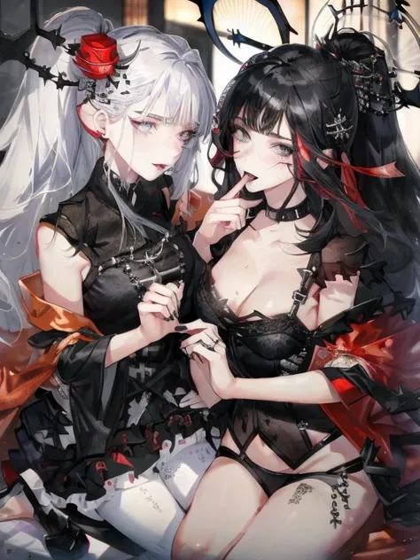 beautiful eyes、Two women kisasterpiece, best quality, high quality, ultra detailed, 1girl, looking at viewer, white hair, gray eyes, black lipstick, black shirt, sitting on a white floor, demon girl, gothcore, 1 7 - year - old, goth girl, japanese gothic, ...