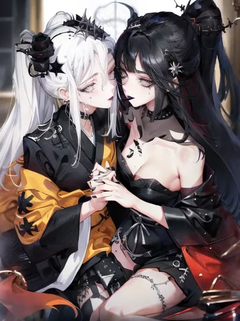 beautiful eyes、Two women kisasterpiece, best quality, high quality, ultra detailed, 1girl, looking at viewer, white hair, gray eyes, black lipstick, black shirt, sitting on a white floor, demon girl, gothcore, 1 7 - year - old, goth girl, japanese gothic, ...