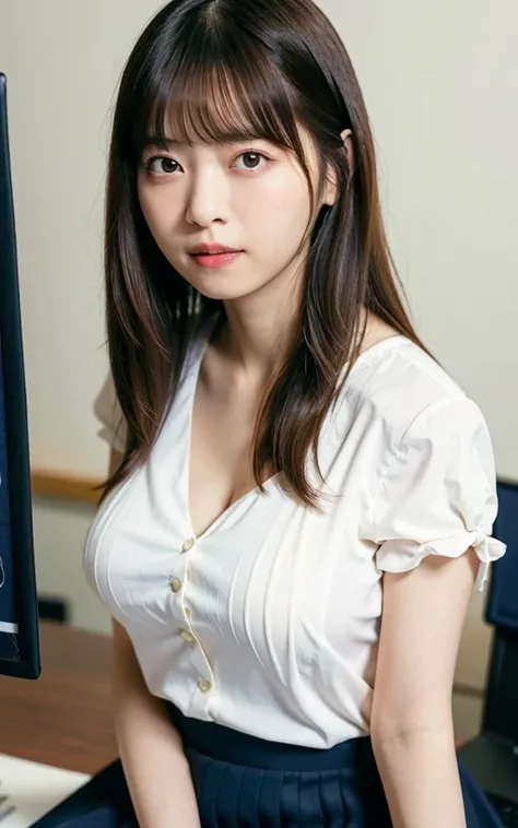 table top, highest quality, 16k, 1 girl, 16, big breasts, Raw photo, professional photography, portrait, late night office、sitting in front of the computer、soft light, professional lighting, alone, 笑face, close,  face, close, cute, girly, goddess, delicate...