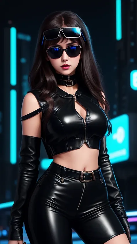 Teenage girl in black leather dress, dark brown braid, gorgeous face, blue eyes, black leather dress, open shoulders, diamond navel, sunglasses, black rubber band pants, 30k cyberpunk style neon sign city background, exquisite clothing details, high detail...