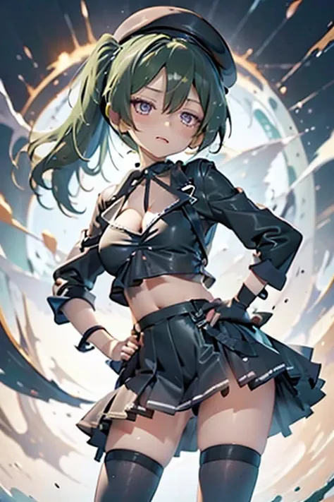 ubel,dark green hair,long hair,side ponytail,hair between eyes,bangs, BREAK (beret, black jacket, open clothes, cleavage, midriff, black shorts, black thighhighs, thigh strap, fingerless gloves, single glove:1.2) BREAK blurry background, BREAK pose, hand o...