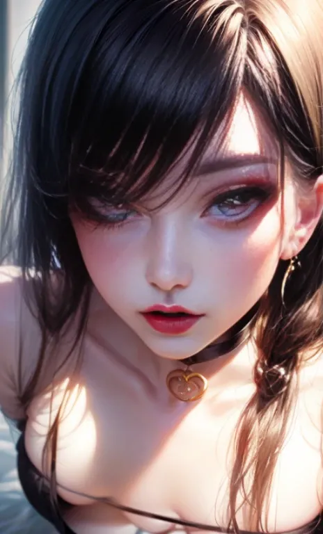 two kiss、Depth of bounds written, detailed eye, ((CG illustration)), ((face focus)), ((masterpiece)), ((8K)), ((super detailed)), ((Super high quality)), ((cinematic)), ((Photoreal)), ((close up shot)), (solo), (cool girl), very long hair, straight hair, (...