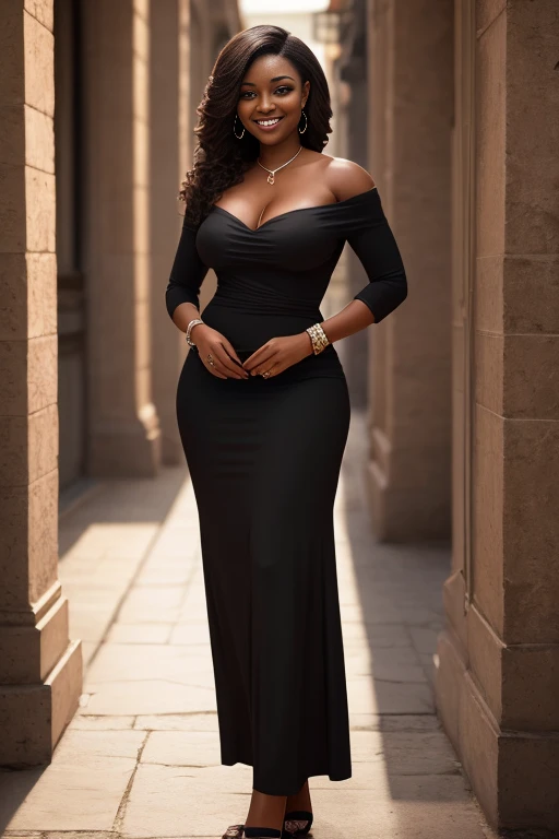 full body photo of a Gorgeous ebony woman smiling,(masterpiece),realistic photo,best quality,highly detailed, HDR, 8k, (wallpaper),cinematic lighting,intricate,fashion