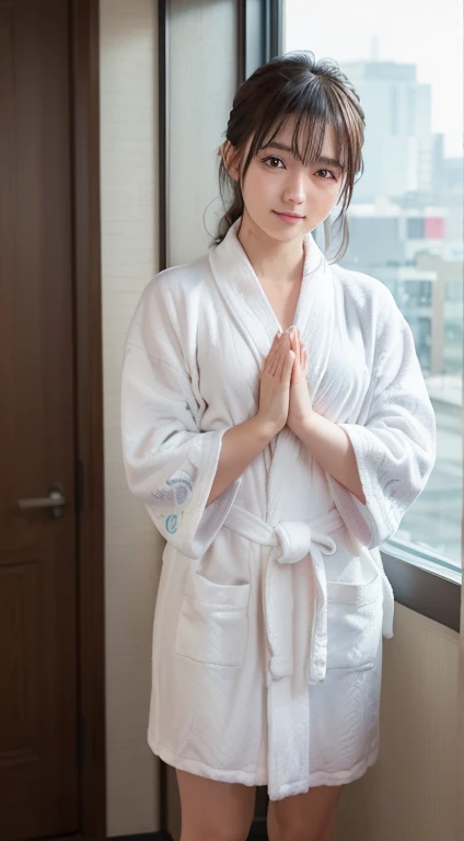 innocent 18 year old girl、((random color bathrobe,dramatic pose)),cute face,bright eyes,tear bag,shy smile,shortcut,hotel background,Raw photo, (8K、highest quality、masterpiece:1.2)、(intricate details:1.4)、(realistic:1.4)、octane rendering、Intricate 3D rende...