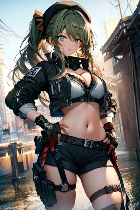 ubel,dark green hair,long hair,side ponytail,hair between eyes,bangs, BREAK (beret, black jacket, open clothes, cleavage, midriff, black shorts, black thighhighs, thigh strap, fingerless gloves, single glove:1.2) BREAK blurry background, BREAK pose, hand o...