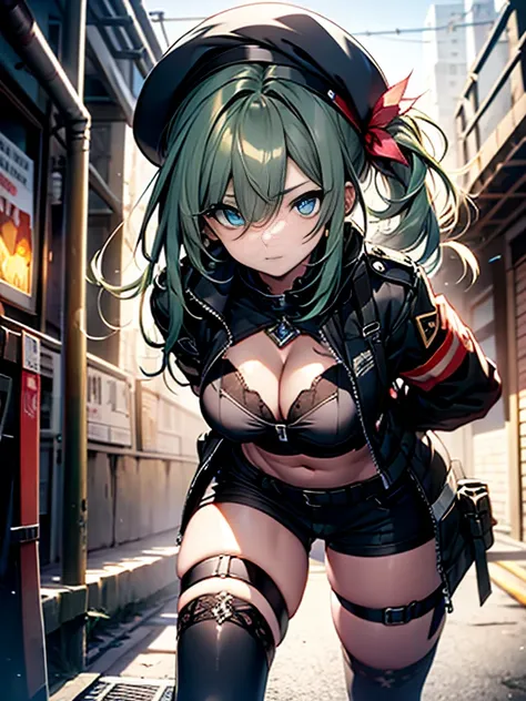 ubel,dark green hair,long hair,side ponytail,hair between eyes,bangs, BREAK (beret, black jacket, open clothes, cleavage, midriff, black shorts, black thighhighs, thigh strap, fingerless gloves, single glove:1.2) BREAK blurry background, BREAK pose, hand o...