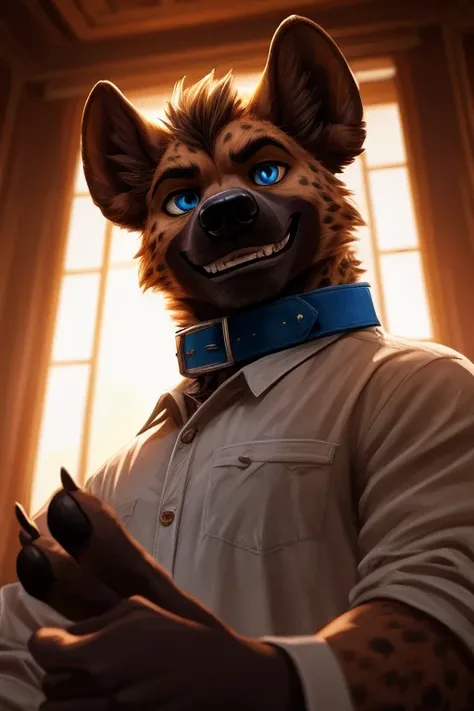 handsome, hyena, scruffy fringe, wearing a pale yellow buttoned shirt, blue collar, eyes with a mischievous glint, blue eyes, average build, good eyes, warm lighting, 8k semi realistic, low angle, small grin, foot paw (4 digits on paw)