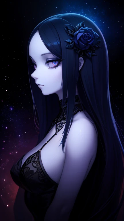 A stunning neo-Victorian cosmic cannibal, her ethereal beauty contrasting with the macabre nature of her existence: porcelain skin adorned with delicate lace, opalescent eyes glazed with hunger, and tendrils of swirling galaxies woven into her flowing midn...